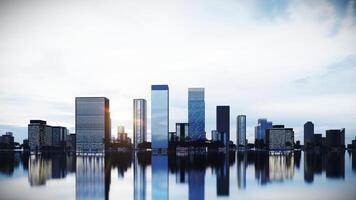 moderno ciudad horizonte a Anochecer, silueta edificio antecedentes 3d representación con reflexión suelo. foto