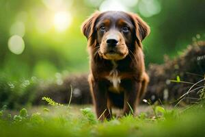 a brown and black dog is standing in the grass. AI-Generated photo