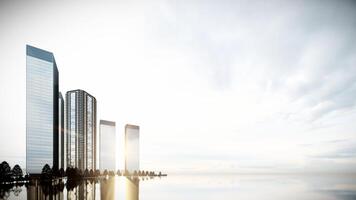 moderno ciudad edificio y luz del sol, 3d representación antecedentes con blanco Copiar espacio. foto