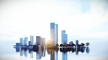 Downtown Area at Sunrise,3d Rendering on Reflection Ground with Blue Sky Color. photo