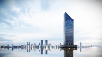 Skyscraper with Cityscape Background on Reflection Ground,3D Rendering photo