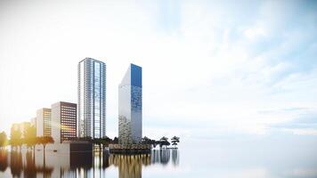 Skyscrapers in the City at Sunrise,3D Rendering with Empty Space Background on Reflection Area. photo