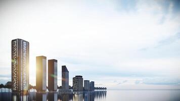 Modern City Background at Sunset with Empty Space and Reflection,3D Rendering photo