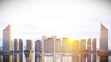 City Skyline Background at Sunset with Reflection Ground,3D Rendering. photo