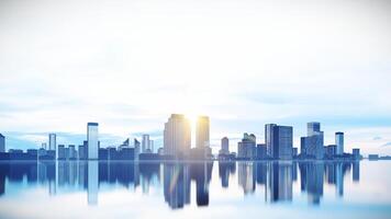 Blue Cityscape Background on Mirror Floor with Reflection.3d Rendering Building at Sunset. photo