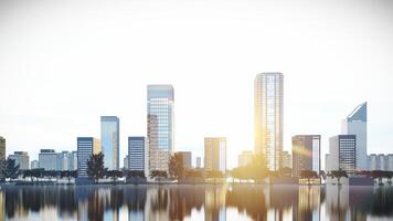 Modern City Center Background with Tree Landscape,3D Rendering at Sunset Time. photo