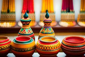 colorful pottery on display in a shop. AI-Generated photo