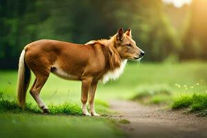 a dog is standing on a dirt road in the middle of a field. AI-Generated photo