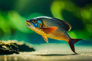 un pescado es en pie en el suelo con un verde antecedentes. generado por ai foto