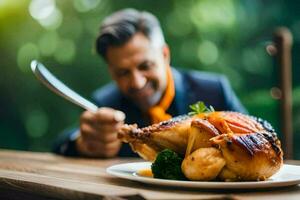 a man in a suit is holding a knife and fork over a plate of food. AI-Generated photo