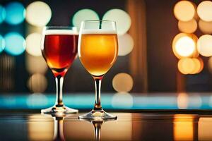 two glasses of beer on a table in front of a pool. AI-Generated photo