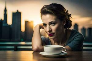 un mujer es sentado a un mesa con un taza de café. generado por ai foto