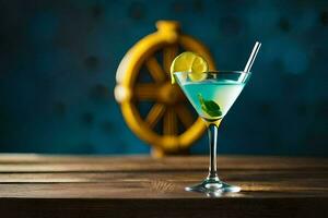 blue cocktail with a lemon slice on the side. AI-Generated photo