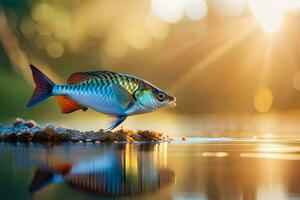 a fish is standing on the water with the sun shining. AI-Generated photo