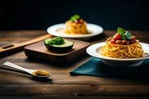 spaghetti with tomato and avocado on a wooden table. AI-Generated photo