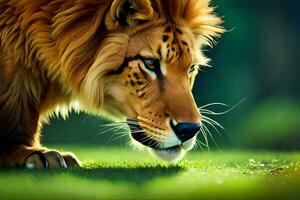 a lion is walking on the grass. AI-Generated photo