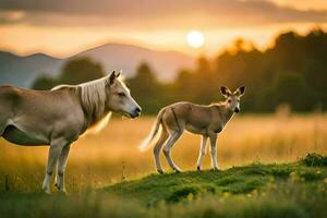 a mother and her foal standing in a field. AI-Generated photo