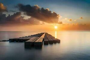 a long pier in the ocean with the sun setting. AI-Generated photo