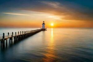 a lighthouse stands on a pier at sunset. AI-Generated photo