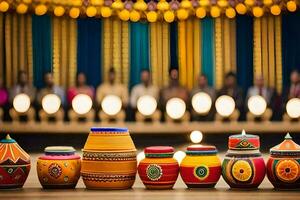 many colorful pots and candles are lined up in a row. AI-Generated photo