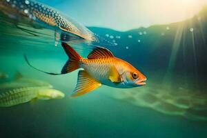 a fish swimming in the ocean with sunlight shining. AI-Generated photo