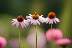 three pink flowers with a bee on top. AI-Generated photo