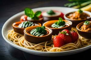 a plate of pasta with vegetables and fruit. AI-Generated photo