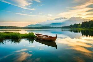 a boat sits on the calm waters of a lake. AI-Generated photo