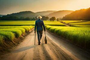 a man in a suit walks down a dirt road with a cane. AI-Generated photo