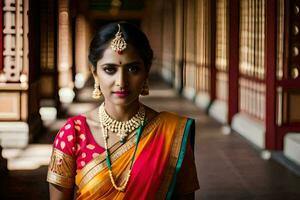 un hermosa indio novia en un vistoso sari. generado por ai foto