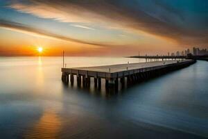 a long exposure photograph of a pier in the ocean. AI-Generated photo