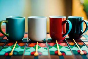 three colorful coffee cups sit on a colorful table. AI-Generated photo