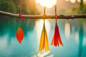 colorful leaves hanging from a branch over a lake. AI-Generated photo