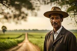 un hombre en un sombrero soportes en un campo. generado por ai foto