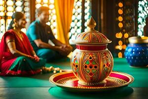 a couple sitting on the floor with a decorative pot. AI-Generated photo