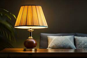 a lamp on a table in front of a couch. AI-Generated photo