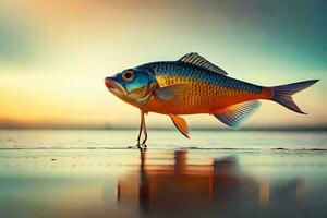 a fish is standing on the beach at sunset. AI-Generated photo