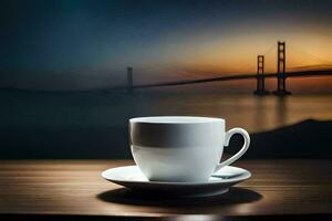 a cup of coffee on a table in front of a bridge. AI-Generated photo