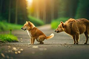 two dogs standing on a road in the woods. AI-Generated photo