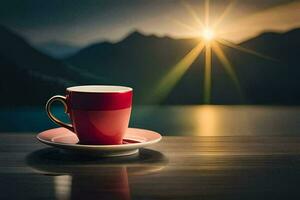 a cup of coffee on a table in front of a lake. AI-Generated photo