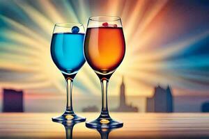 two glasses of wine with colorful liquid in them. AI-Generated photo