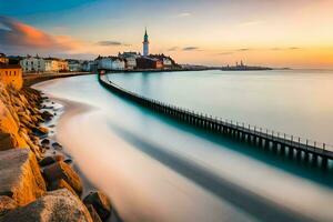 el largo exposición foto de el muelle en riga, letonia generado por ai