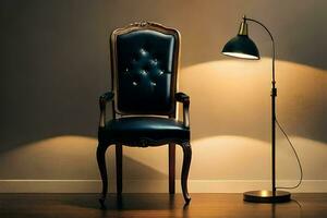 a black leather chair and a lamp in a room. AI-Generated photo