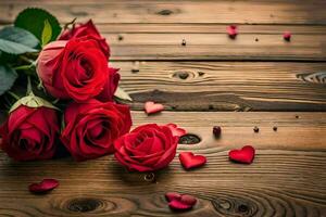 red roses on a wooden table. AI-Generated photo