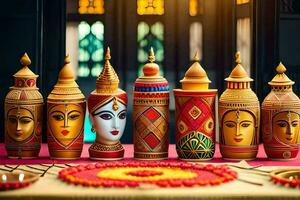 a group of colorful vases with faces on them. AI-Generated photo