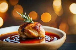 a bowl of sauce with meat and sprigs of rosemary. AI-Generated photo