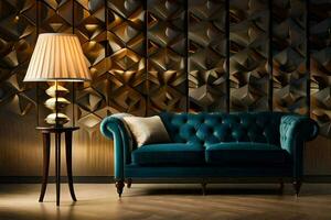 a blue velvet couch and lamp in front of a wall with geometric shapes. AI-Generated photo