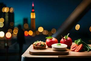 food on a table with city lights in the background. AI-Generated photo