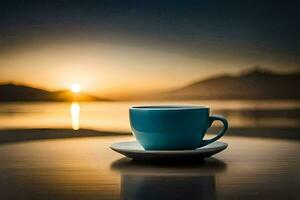 a cup of coffee on a table in front of the sun. AI-Generated photo