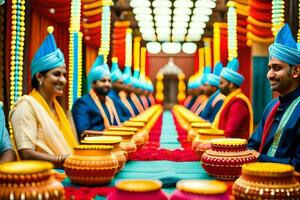 a group of people in colorful turbans sitting at a long table. AI-Generated photo